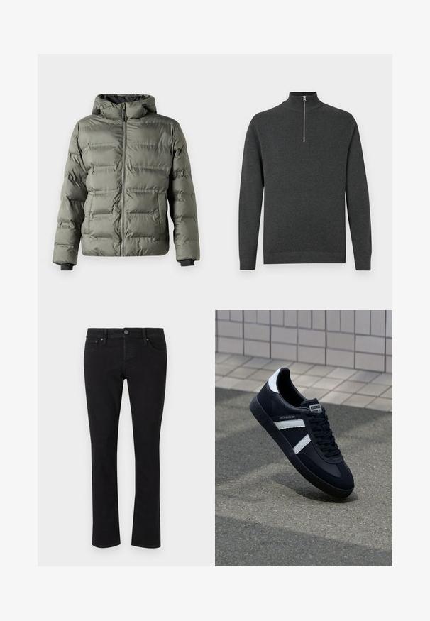 Pufjakke i olivengrøn med lynlås foran. Har hætte, syede paneler og elastiske manchetter for varme og komfort.; Grå, langærmet pullover lavet af blødt stof, med en høj krave og en kvart lynlås samt en simpel tekstur. Ingen mønstre eller accenter.; Sorte denimjeans med lige snit, fem-lomme design, metalknaplukning og minimal syning. Glat tekstur hele vejen igennem.; Sort lædersneaker med hvide striber, tekstureret gummisål og snørrebånd foran. Har et brandet mærke på tungen.