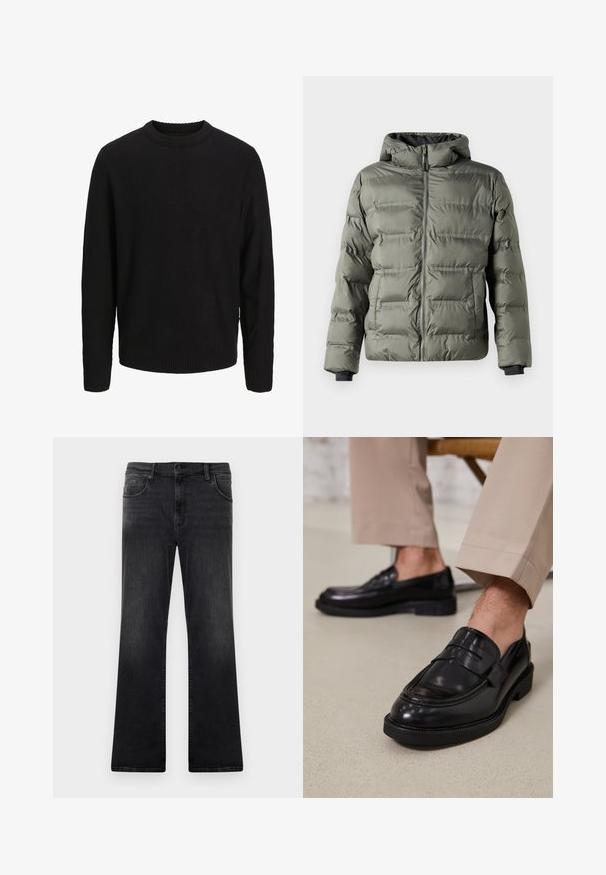 Pufjakke i olivengrøn med lynlås foran. Har hætte, syede paneler og elastiske manchetter for varme og komfort.; Sort langærmet strikket sweater med rund halsudskæring, ribstrikkede manchetter og kant, vist på en ensartet lys grå baggrund.; Udvidede sorte denimjeans med en glat tekstur, der har fem lommer og en knaplukning, hvilket viser en falmet finish.; Sorte lædermokkasiner med en glat overflade, der har en dekorativ rem og kontraststing, parret med beige bukser.