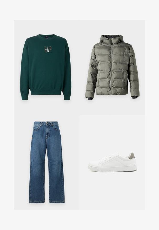 Pufjakke i olivengrøn med lynlås foran. Har hætte, syede paneler og elastiske manchetter for varme og komfort.; Grøn langærmet sweatshirt med ribbede manchetter og talje, med hvidt broderet "GAP" logo på brystet. Blødt stof.; Blå denim jeans med afslappet pasform, lige ben, synlige sømme og lukkes med en knap foran. Har en sidelomme med accent.; Hvid sneaker lavet af glat læder, rund tå, minimalistisk design, grå hælafsats og tekstureret gummisål.