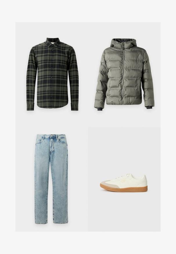Olijfgroene pufferjack met een ritssluiting aan de voorkant. Beschikt over een capuchon, gestikte panelen en elastische manchetten voor warmte en comfort.; Langoe mouw shirt in donker groen en zwart geruit patroon, gemaakt van flanel. Heeft een klassieke kraag en zwarte knopen.; Lichtblauwe recht gesneden denim jeans met een knop- en ritssluiting, zijzakken en subtiele vervaagde details.; Schoen gemaakt van wit leer met een beige teenkap en een lichtbruine rubberen zool. Voorzien van platte witte veters en reliëfbranding aan de zijkant.