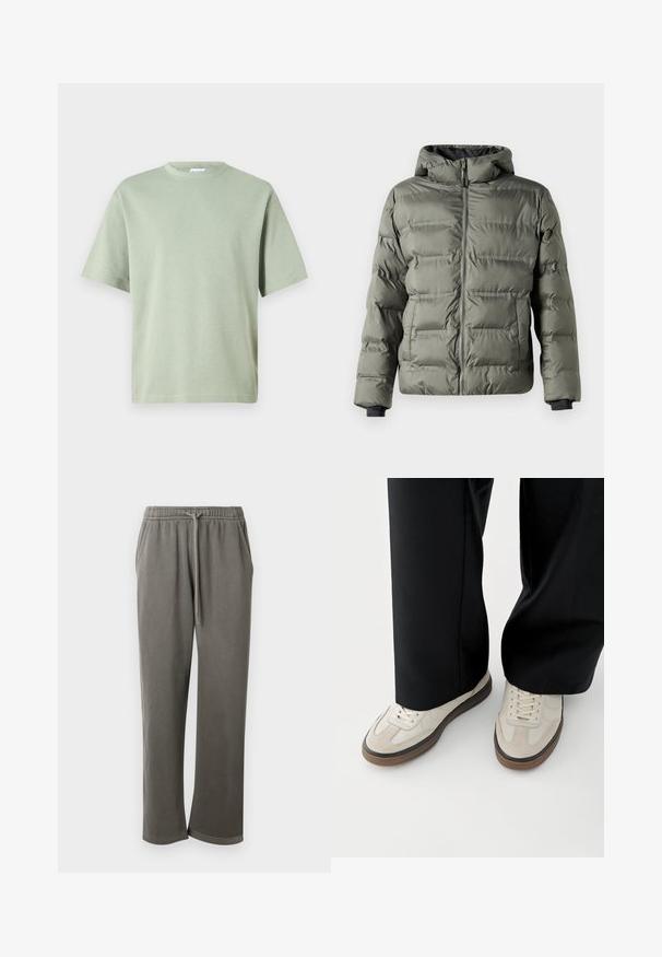 Pufjakke i olivengrøn med lynlås foran. Har hætte, syede paneler og elastiske manchetter for varme og komfort.; Lys grøn bomuld t-shirt med rund halsudskæring og korte ærmer. Stoffet har en glat tekstur og er uden mønstre.; Grå bomulds-sweatpants med elastisk talje og snor, med sidelommer og en afslappet pasform hele vejen ned ad benene.; Fødder iført beige sneakers med brune såler og sorte bukser med vide ben på hvid baggrund.
