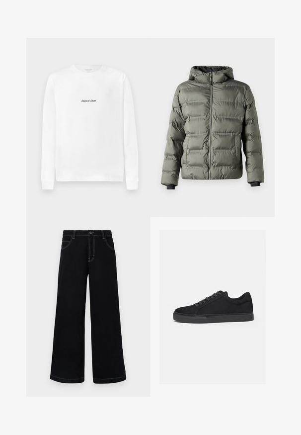 Olijfgroene pufferjack met een ritssluiting aan de voorkant. Beschikt over een capuchon, gestikte panelen en elastische manchetten voor warmte en comfort.; Witte longsleeve T-shirt met een klein zwart scriptlogo "Originals Studio" gecentreerd op de borst.; Zwarte wijde spijkerbroek met knoopsluiting, vijf zakken en contrasterende witte stiksels langs de naden.; Zwarte lage sneaker met veterluiting aan de voorkant en platte rubberen zool, zijaanzicht op een witte achtergrond.