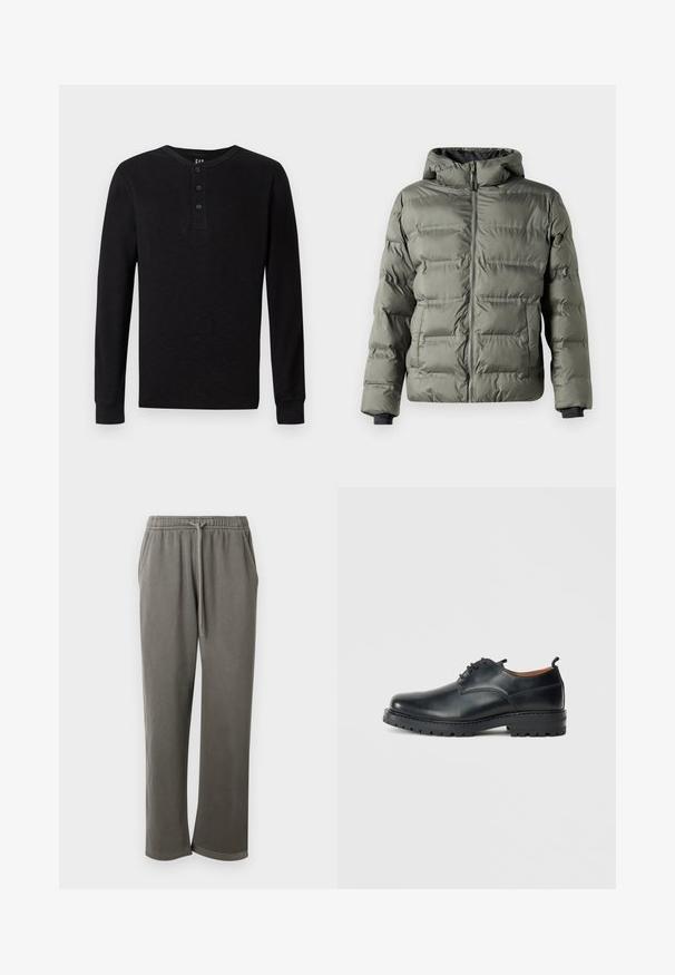 Chaqueta acolchada en verde oliva con cremallera frontal. Presenta una capucha, paneles cosidos y puños elásticos para proporcionar calidez y comodidad.; Camisa henley de manga larga negra con un botón de tres en el cuello, textura suave y puños acanalados, que presenta un corte clásico y un diseño minimalista.; Pantalones de chándal grises de algodón con cintura elástica y cordón, que cuentan con bolsillos laterales y un ajuste relajado a lo largo de las piernas.; Zapatos derby de cuero negro con una textura suave, punta redondeada, diseño de cordones y una suela de goma gruesa y resistente.