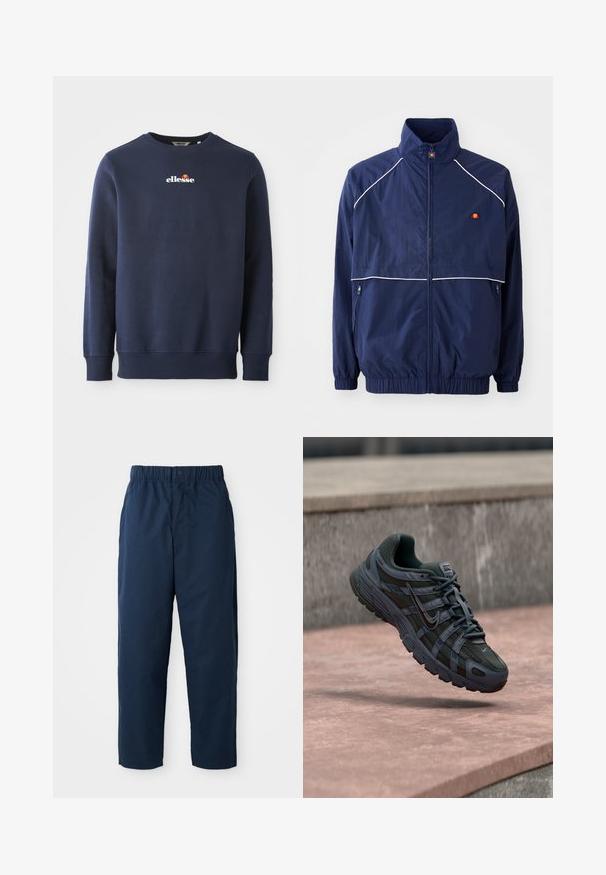 Marineblå vindjakke med høj krave, hvid piping, lynlås foran og to sidelommer. Branding på brystet.; Marineblå sweatshirt lavet af et blødt stof, med rund hals og ribbede manchetter. Brolagt "ellesse"-logo med farvede akcenter.; Marineblå bukser lavet af glat stof, med en elastisk talje og en knap, lige ben og uden synlige mønstre eller hardware.; Mørkegrå Nike løbesko med mesh og syntetisk design, svævende over en lyserød betonoverflade med en grå stens baggrund.