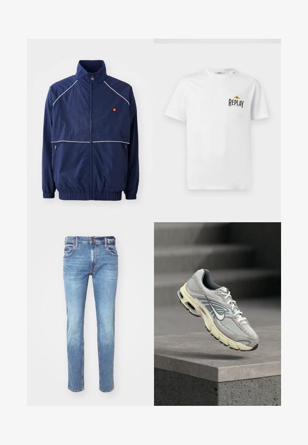 Veste coupe-vent marine avec un col haut, des détails en piping blanc, une fermeture éclair à l'avant et deux poches latérales. Marque sur la poitrine.; T-shirt en coton blanc à manches courtes, avec un logo noir et doré "REPLAY GRAND HOTEL" sur le côté gauche de la poitrine. Design simple, coupe régulière.; Jean en denim bleu clair avec une coupe droite, design à cinq poches et coutures contrastantes, présentant une finition délavée et une coupe classique.; Chaussure de course Nike grise et blanche avec semelle rembourrée, en suspension au-dessus d'une marche en béton dans un environnement extérieur.