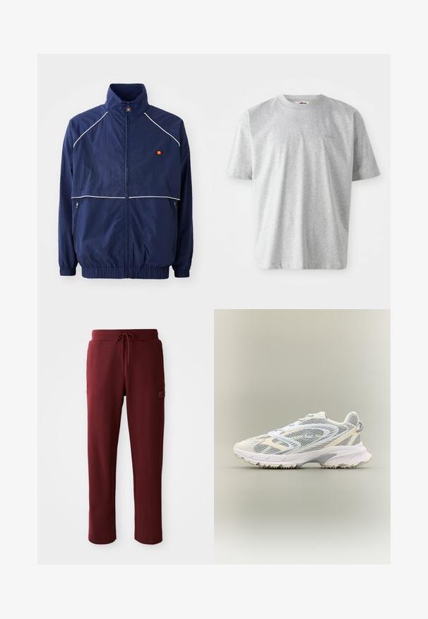Marineblå vindjakke med høj krave, hvid piping, lynlås foran og to sidelommer. Branding på brystet.; Grå t-shirt med korte ærmer lavet af blødt stof. Har en rund halsudskæring og et diskret logo broderet på fronten.; Burgunderfarvede sweatpants lavet af blødt materiale, med en justerbar snor i taljen og en sidelomme med et logo-patch.; Hvid atletiksko med grå mesh-paneler, teksturerede overlejringer, en polstret krave og en gummisål med små grebspidser.