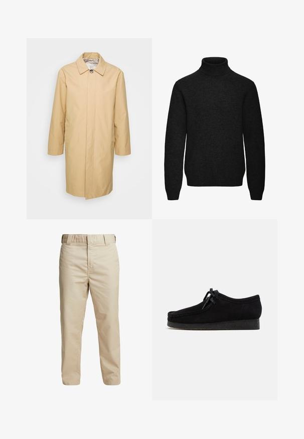 Beige, knielanger Trenchcoat mit einem knöpfbaren Kragen, langen Ärmeln und zwei Seitentaschen. Glattes, wasserabweisendes Material.; Schwarzer Rollkragenpullover mit langen Ärmeln, gerippten Bündchen und Saum, aus weichem Strickstoff.; Beige Baumwollhose mit schmaler Passform, geraden Beinen und Gürtelschlaufen; glatte Textur und minimalistisches Design ohne sichtbare Akzente.; Schwarze Wildlederschuhe mit rundem Zehendesign, einer Schnürfront und einer strukturierten schwarzen Gummisohle. Glattes Obermaterial mit dezenten Nahtdetails.