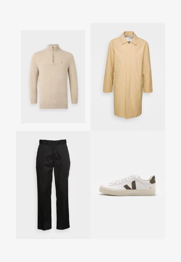 Béžový trench coat po kolená s gombíkovým golierom, dlhými rukávmi a dvoma bočnými vreckami. Hladký, vodoodpudivý materiál.; Béžový dlhý pletený sveter s rebrovanými manžetami a lemom, stojacím golierom a krátkym zipsom pri výstrihu.; Čierne nohavice vyrobené z hladkej tkaniny, s rovnými nohavicami, pútka na opasok a dvoma bočnými vreckami. Klasický vzhľad bez ozdôb.; Biele kožené tenisky s svetlosivou gumovou podrážkou. Obsahujú hnedú semišovú V logo a jazyk pätky. Šnurovanie s textúrovaným povrchom.