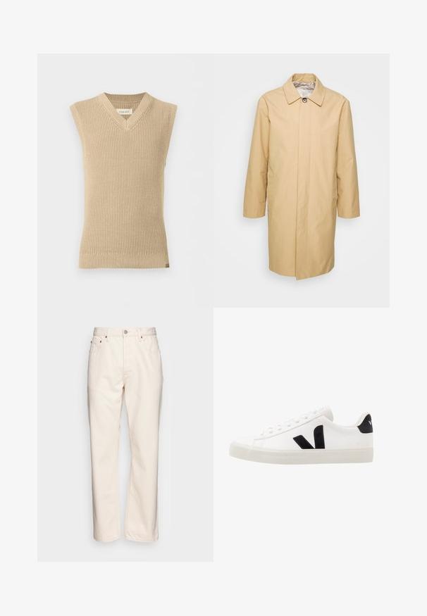 Beige, knælængde trenchcoat med knapkrave, lange ærmer og to sidelommer. Glat, vandafvisende materiale.; Beige, ærmeløs strikket sweatervest med V-udskæring og ribbet kant, vist mod en ensfarvet hvid baggrund.; Cremfarvet denim jeans med lige ben. Har fem lommer, frontlukning med knap og kontrasterende syninger.; Hvide lædersneakers med sorte ruskindsdetaljer; har en gummisål, rund tå og klassisk snørebåndsdesign. Side logo i sort.