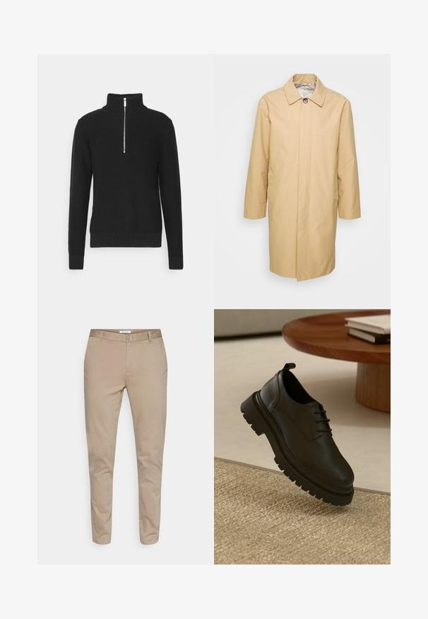 Beige, knielange trenchcoat met een geknoopte kraag, lange mouwen en twee zijzakken. Glad, waterafstotend materiaal.; Zwart gebreide pullover met een hoge kraag, ritssluiting, geribde manchetten en zoom, met een gladde textuur en een getailleerd silhouet.; Beige katoenen chinos met een rechte pijpdesign, voorzien van een knoopsluiting, riemlussen en zijzakken. Glad textuur zonder patronen.; Zwarte leren schoen met een gestructureerd oppervlak, ronde neus, vetersluiting en een chunky zwarte rubberen zool. Drijft boven een geweven vloerkleed.