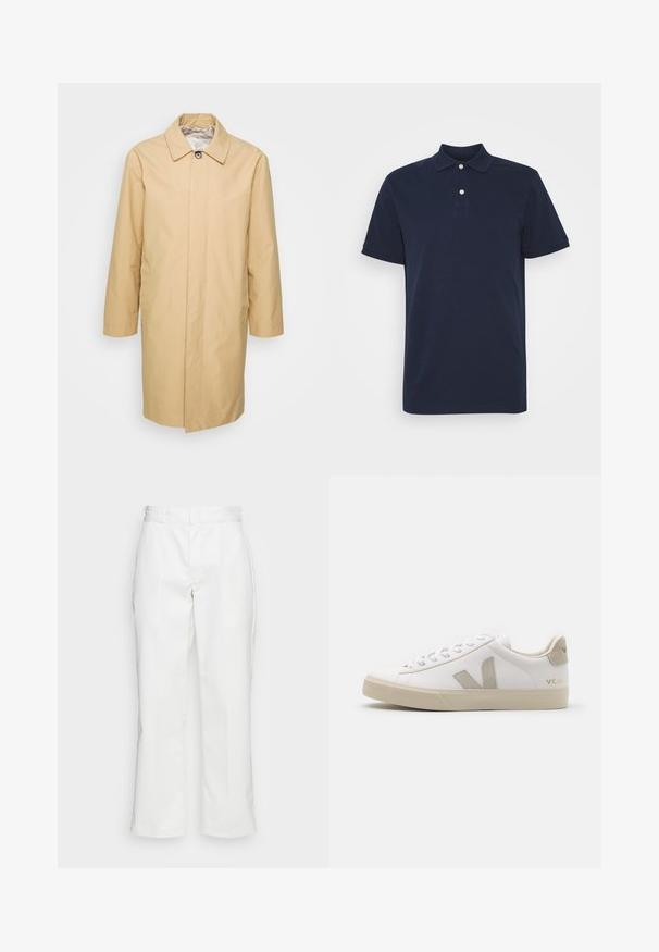 Beige, knielanger Trenchcoat mit einem knöpfbaren Kragen, langen Ärmeln und zwei Seitentaschen. Glattes, wasserabweisendes Material.; Koboltblaues Baumwoll-Polohemd mit klassischem Kragen, kurzen Ärmeln, drei Knöpfen und ohne sichtbare Muster oder Akzente.; Weiße Baumwollhosen mit geradem Bein, Gürtelschlaufen und Seitentaschen, mit einer glatten Textur und minimaler Ausgestaltung.; Weiße Ledersneaker mit beigen Akzenten, flacher Gummisohle, runder Zehenpartie und kontrastierendem Logo an der Seite und Rückseite. Mit Schnürdesign.