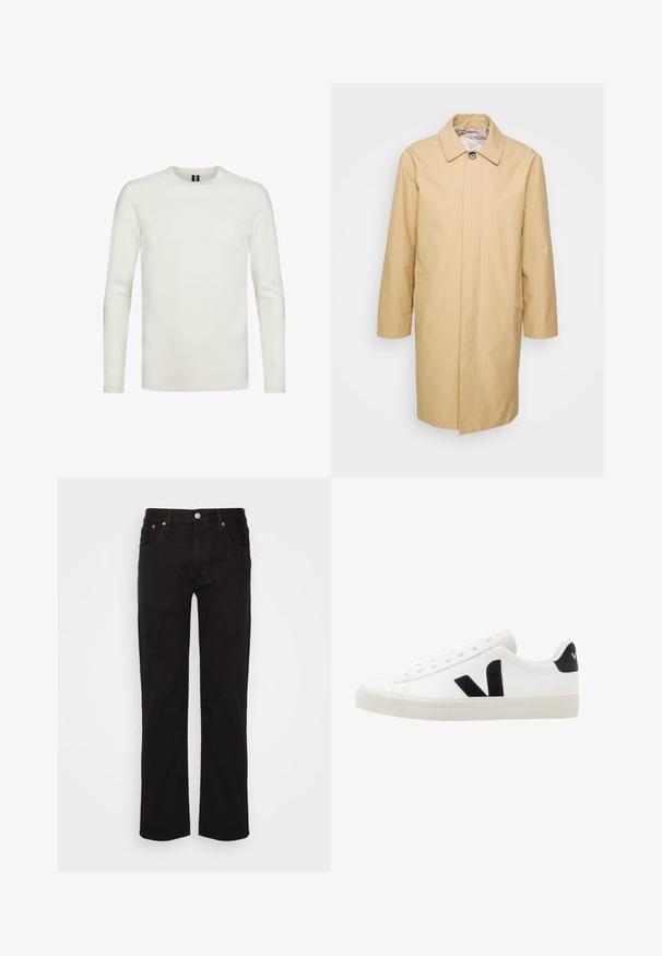 Beige, knælængde trenchcoat med knapkrave, lange ærmer og to sidelommer. Glat, vandafvisende materiale.; Hvid langærmet T-shirt lavet af blødt stof med rund hals og tætsiddende ærmer, uden synlige mønstre eller udsmykninger.; Sorte lige ben jeans lavet af bomuld. Har fem lommer, en metalknap og orange syninger fortil.; Hvide lædersneakers med sorte ruskindsdetaljer; har en gummisål, rund tå og klassisk snørebåndsdesign. Side logo i sort.
