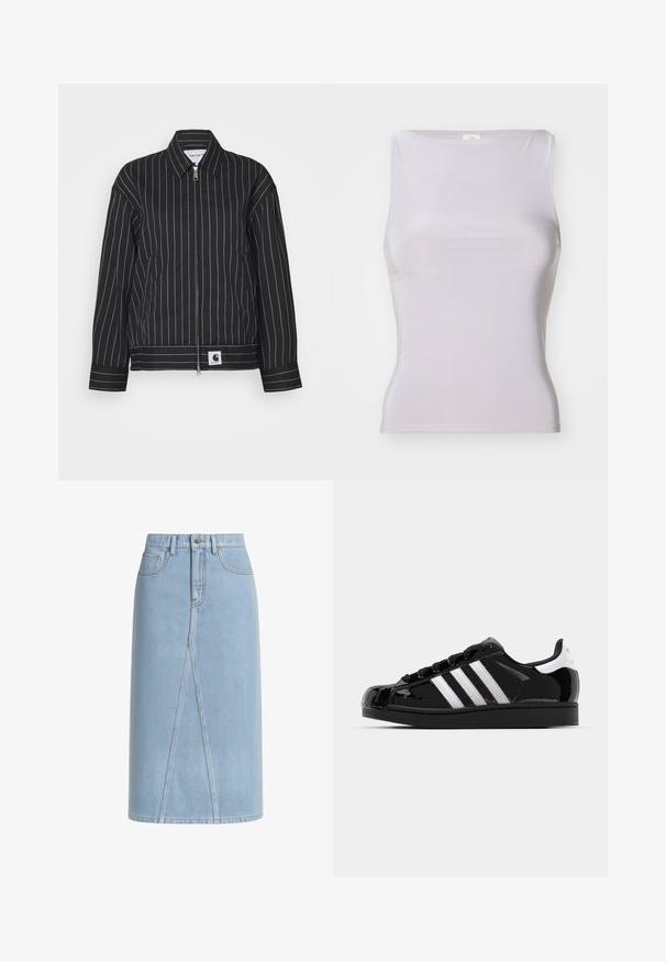Mustra musta jakk, millel on valged vertikaalsed triibud, lukuga esikülg, terav krae ja logopaneel allääres. Valmistatud siledast kangast.; BDG Urban Outfitters LIA - Topp - grey; Heledsinine denim midi-seelik, sirge siluetiga, millel on etteõmmeldud õmblused ja metallist nööpidega sulgemine. Sile tekstuur ja mugav kujundus.; adidas Originals SUPERSTAR II - Tossud - core black/footwear white/gold metallic