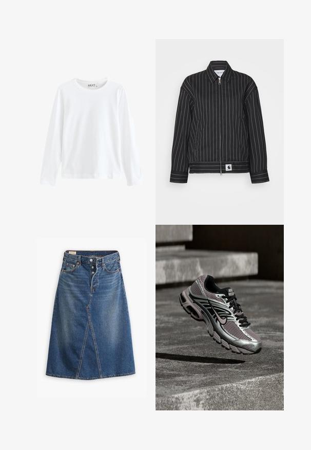 Sort jakke med hvide lodrette striber, lynlåslukning foran, spids krave og et logo patch ved kanten. Fremstillet af et glat stof.; Hvid langærmet T-shirt lavet af bomuld med rund hals og enkelt design, med en jævn tekstur og ingen synlige mønstre eller accenter.; Denimnederdel i medium vask blå med A-linjeform, frontslids, fem lommer og knaplukning i taljen.; Nike Air Max løbesko med sølv, sort og lilla mesh, vist i luften over en betonoverflade og trin.