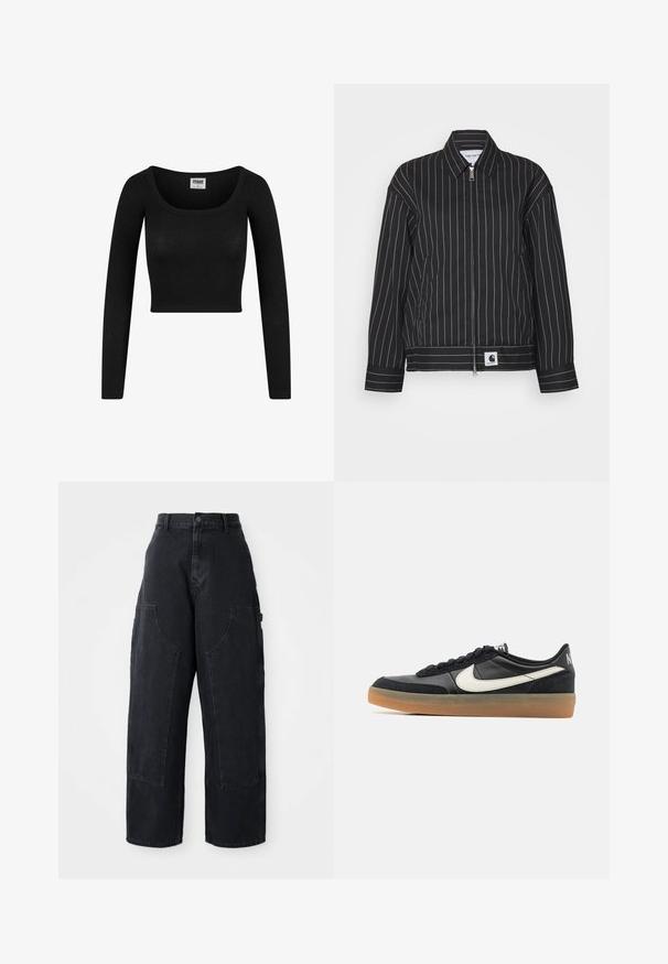 Čierna bunda s bielymi vertikálnymi pruhmi, so zipsom vpred, špicatým golierom a logom na leme. Vyrobená z hladkej tkaniny.; Čierny dlhý rukáv cropped top s okrúhlym výstrihom, vyrobený z rebrovanej látky. Disponuje priliehavým strihom a jemnou textúrou.; Čierne denimové široké nohavice s vysokým pásom, dvoma veľkými prednými vreckami a gombíkovým zapínaním na páse. Hladká textúra, ležérny dizajn.; Čierna atletická obuv s textúrovaným koženým vrchom, bielym logom Swoosh a gumovou podrážkou. Šnurovací dizajn s polstrovaním v oblasti goliera.