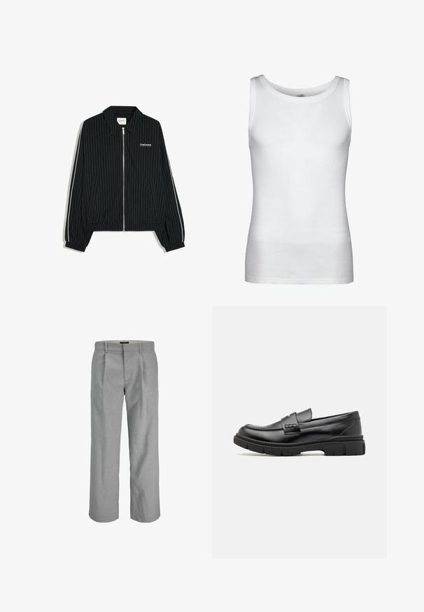Veste noire zippée avec fines rayures verticales blanches, poignets et ourlet élastiques, poches latérales et texte blanc "PostCentral Services" sur la poitrine gauche.; Débardeur blanc côtelé sans manches avec encolure ronde et ourlet droit, présenté sur un fond uni.; Pantalons gris clair en tissu texturé, dotés de plis à l'avant, de jambes droites et d'une taille standard pour la fermeture.; Mocassin en cuir noir avec une large sangle sur le devant, semelle en caoutchouc à épaisse rainure, et texture lisse. Design classique et élégant.