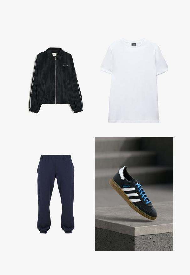 Veste noire zippée avec fines rayures verticales blanches, poignets et ourlet élastiques, poches latérales et texte blanc "PostCentral Services" sur la poitrine gauche.; T-shirt blanc uni à manches courtes, col rond, avec une étiquette noire Pull&Bear à l'intérieur du col, présenté sur fond blanc.; Pantalons de survêtement bleu marine avec une taille élastique et des manches resserrées, fabriqués en tissu doux, sans motifs ni accessoires visibles.; Baskets Adidas noires avec des rayures blanches, des lacets bleus et une semelle en gomme flottant au-dessus d'une marche en béton grise sous une lumière douce.