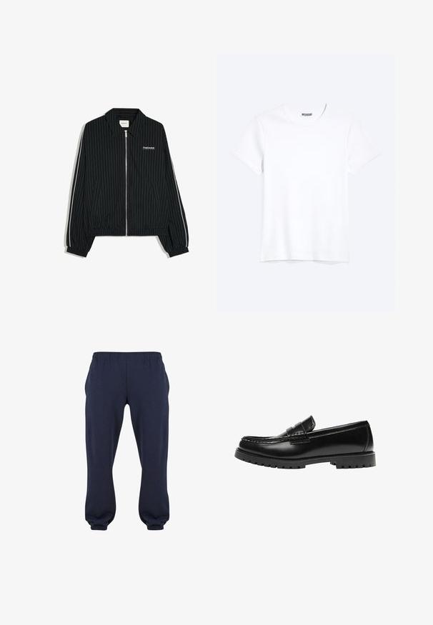Veste noire zippée avec fines rayures verticales blanches, poignets et ourlet élastiques, poches latérales et texte blanc "PostCentral Services" sur la poitrine gauche.; T-shirt blanc uni à manches courtes et col rond avec une étiquette de la marque WEEKDAY visible au niveau du col, présenté sur un fond clair.; Pantalons de survêtement bleu marine avec une taille élastique et des manches resserrées, fabriqués en tissu doux, sans motifs ni accessoires visibles.; Mocassin en cuir noir avec une semelle en caoutchouc épaisse et un détail classique de bride à monnaie, vu de côté extérieur.