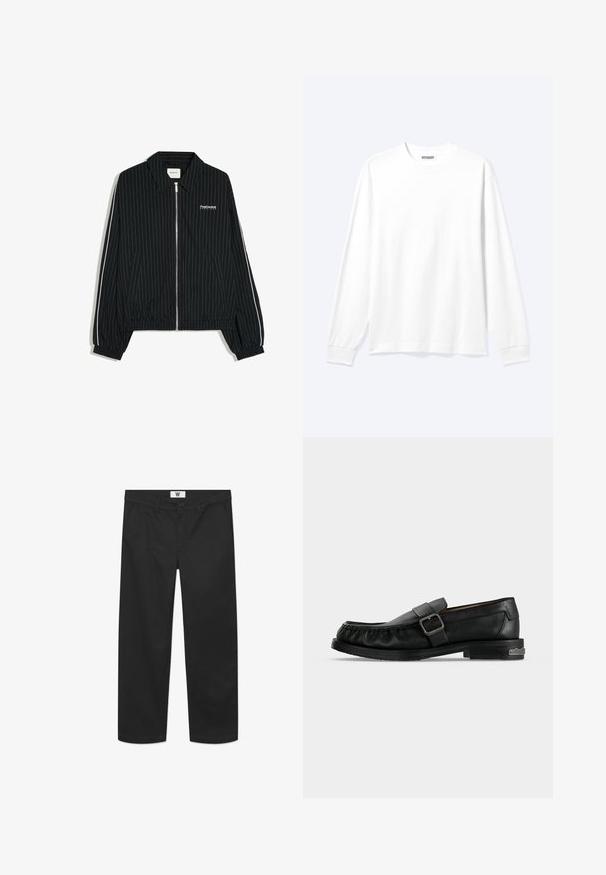 Veste noire zippée avec fines rayures verticales blanches, poignets et ourlet élastiques, poches latérales et texte blanc "PostCentral Services" sur la poitrine gauche.; Chemise blanche unie à manches longues avec col rond et poignets côtelés, présentée sur un fond clair neutre.; Chino noirs en tissu de coton lisse. Dotés d'une fermeture à bouton, de poches avant et d'une coupe droite avec des bords nets.; Mocassin en cuir noir avec une bride à boucle, détails cousus autour de la pointe, et un petit talon avec un accent métallique.