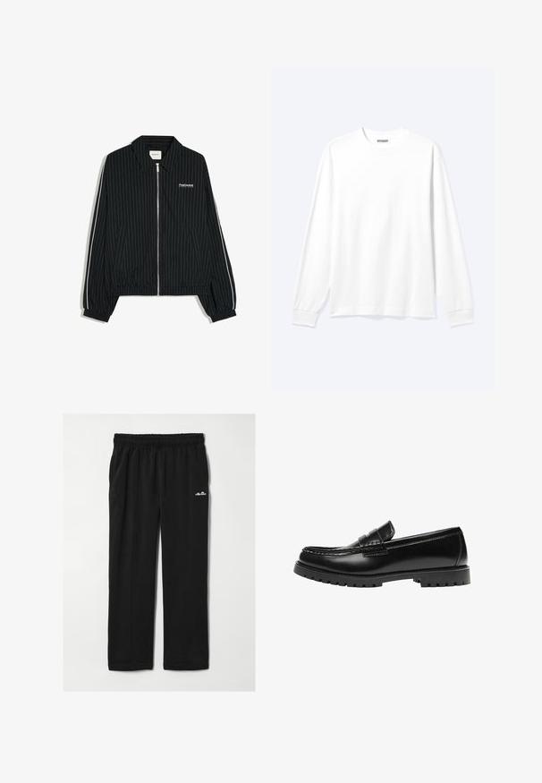 Veste noire zippée avec fines rayures verticales blanches, poignets et ourlet élastiques, poches latérales et texte blanc "PostCentral Services" sur la poitrine gauche.; Chemise blanche unie à manches longues avec col rond et poignets côtelés, présentée sur un fond clair neutre.; Pantalon décontracté noir avec taille élastique et petit logo blanc ellesse sur la partie supérieure gauche de la cuisse, présenté à plat sur fond blanc.; Mocassin en cuir noir avec une semelle en caoutchouc épaisse et un détail classique de bride à monnaie, vu de côté extérieur.