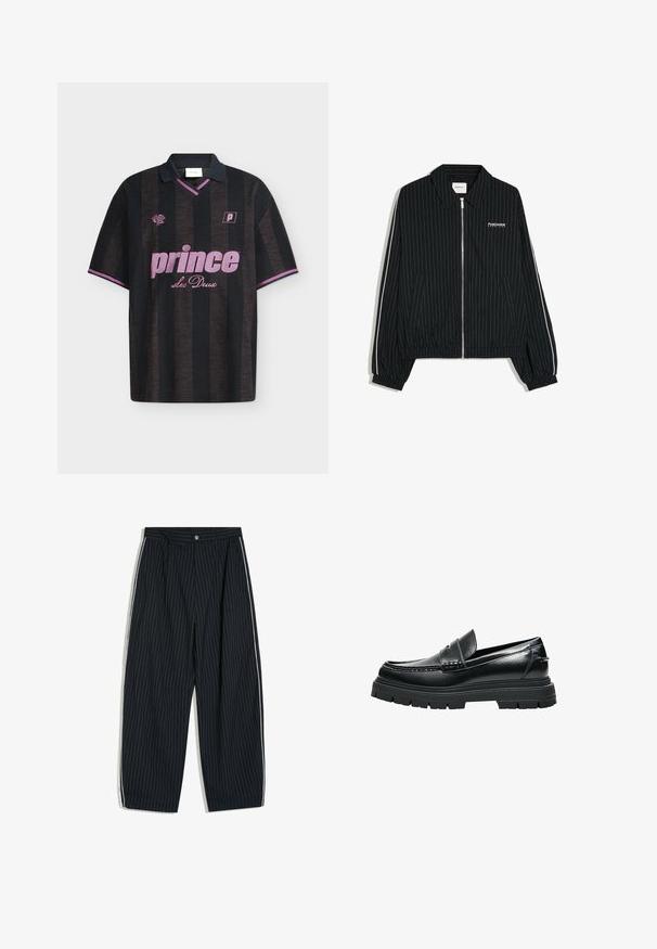 Veste noire zippée avec fines rayures verticales blanches, poignets et ourlet élastiques, poches latérales et texte blanc "PostCentral Services" sur la poitrine gauche.; Polo à manches courtes rayé noir et gris foncé avec texte et logos ""prince Les Deux"" roses sur le devant, bordure rose aux manches et au col.; Pantalon large à fines rayures noires avec bandes blanches sur les côtés et fermeture par bouton à la taille.; Mocassin en cuir noir avec semelle épaisse à crampons et détail de bride penny, vu de profil sur fond blanc.