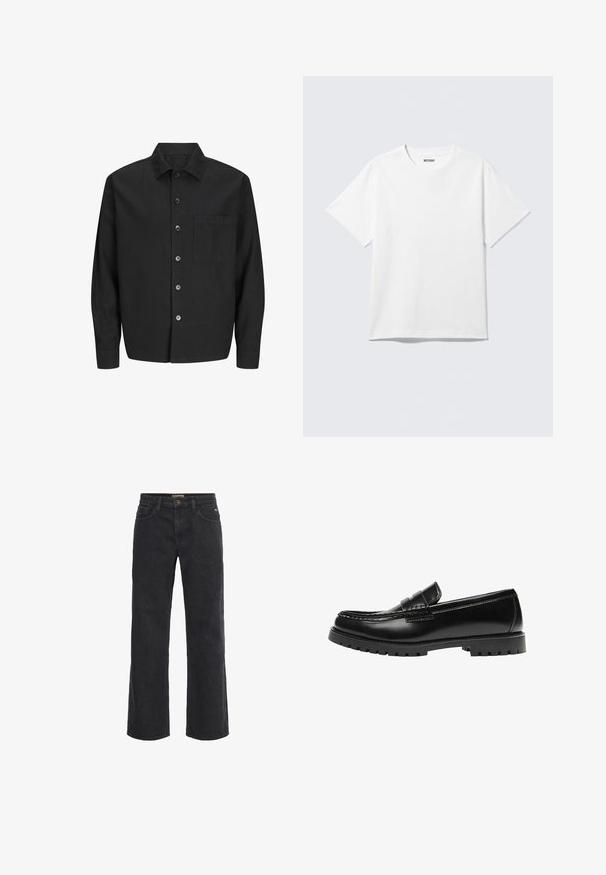 Sort skjorte med knapper i et let stof, med en brystlomme, frontknapper og en klassisk krave. Har lange ærmer og en lige skæring.; Hvid kortærmet crewneck T-shirt lagt fladt ud, ensfarvet design, med "WEEKDAY" mærkat inde i kraven på en lys baggrund.; Sorte denim bukser med vid ben, knaplukning, fem lommer og en let slidt tekstur. Lige snit fra talje til søm.; Sort læderloafer med en kraftig gummisål og klassiske penny-strap detaljer, vist fra ydersiden.