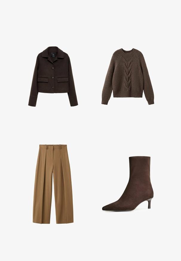 Bruine wollen blend cropped jas met een kraag, voor knoopsluiting en twee opgestikte zakken. Heeft lange mouwen met cuffdetails.; Bruin gebreid sweater met een ronde halslijn, lange mouwen en een kabelbrei ontwerp dat over de voorkant loopt. Geribbelde zoom en manchetten.; Brunette hoge taille wijde broek met subtiele krijtstrepen, plooien aan de voorkant, lussen voor een riem en een verborgen rits aan de voorkant.; Bruine suède enkellaars met een spitse neus en een slanke, lage hak. Soepele textuur met een naadloos ontwerp en geen zichtbare hardware.
