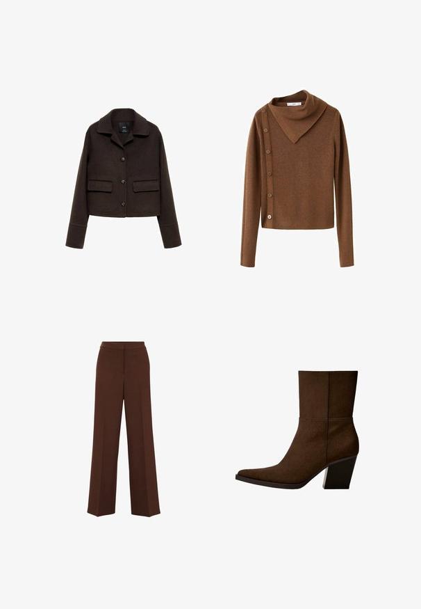 Braune Wolle-Mix kurze Jacke mit Kragen, vorderem Knopfverschluss und zwei aufgesetzten Taschen. Sie hat lange Ärmel mit Detail an den Manschetten.; Brauner, gerippter Pullover mit einem Kragen in Cowl-Form und schrägem Revers, ausgestattet mit sechs Knöpfen auf der linken Seite. Weiche Textur. Vielseitiges Design für mehrere Jahreszeiten.; Braune weit geschnittene Hosen mit glatter Textur, die einen strukturierten Taillenbund und subtile Falten auf der Vorderseite aufweisen.; Braune Wildleder-Stiefelette mit spitzem Zehenbereich und klobigem Absatz, die ein minimalistisches Design und eine glatte Textur vor einem weißen Hintergrund zeigt.