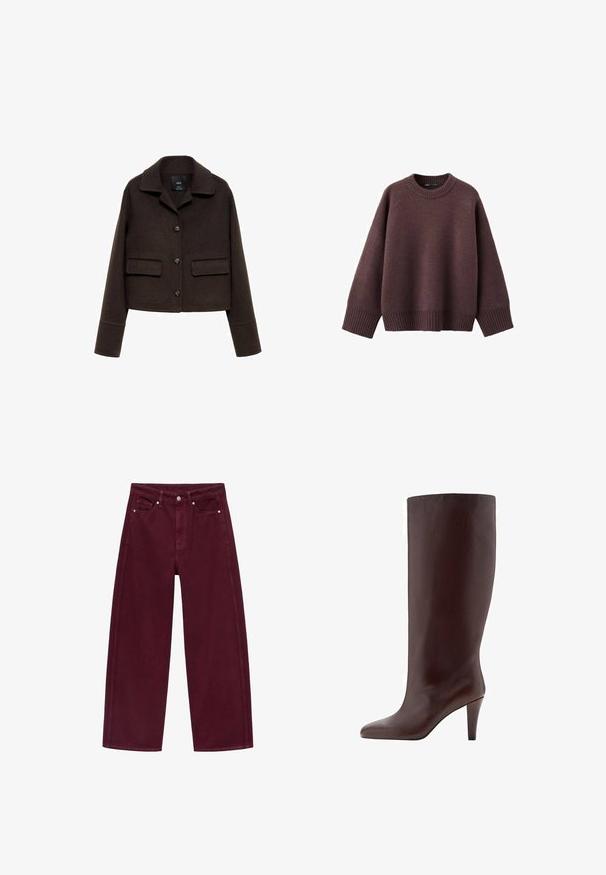 Brun uldblandet cropped jakke med krave, for-trykknaplukning og to påsyede lommer. Har lange ærmer med manchetter.; Løs pasform sweater i mørk bordeaux, lavet af blødt strikket stof. Har en ribstrikket rund hals, vide ærmer og en ribstrikket kant.; Bordeaux bredde ben jeans lavet af bomuldsdenim, med fire-pocket design og metalknap lukning med matchende syninger.; Brune læder knæhøj støvle med spids tå og stiletto hæl. Glat tekstur og sømløst design.