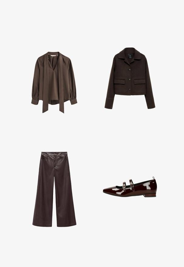 Braune Wolle-Mix kurze Jacke mit Kragen, vorderem Knopfverschluss und zwei aufgesetzten Taschen. Sie hat lange Ärmel mit Detail an den Manschetten.; Braune Bluse mit langen Ärmeln und tiefem V-Ausschnitt, befestigtem breiten Halsband und gerafften Bündchen.; Braune Kunstleder-Hosen mit weitem Bein und hohem Bund, ausgestattet mit frontalen Taschen und einem klassischen Knopfverschluss. Weiche Textur und matte Oberfläche.; Burgunderrote Lackleder-Ballerinas mit spitzer Zehenform, zwei verstellbaren Riemen und kleinem Blockabsatz. Glatte Textur, minimale Hardware.