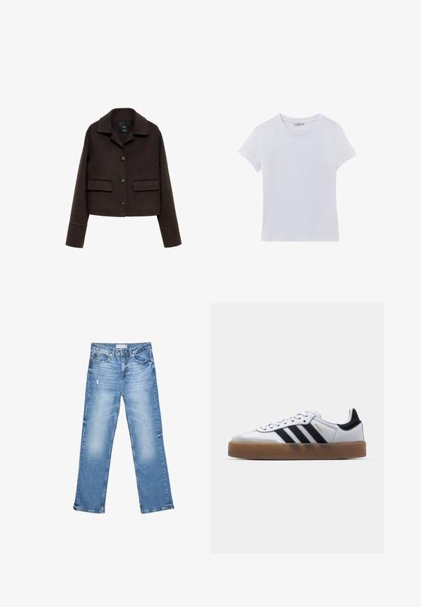 Braune Wolle-Mix kurze Jacke mit Kragen, vorderem Knopfverschluss und zwei aufgesetzten Taschen. Sie hat lange Ärmel mit Detail an den Manschetten.; Schlichtes weißes T-Shirt aus Baumwolle mit kurzen Ärmeln und Rundhalsausschnitt, mit einem kleinen Markenetikett innen am Kragen, liegt flach auf weißem Hintergrund.; Hellblaue Jeans aus Denim, mit geradem Bein, ausgewaschenen Stellen und subtilen Abnutzungen. Verfügt über fünf Taschen und einen klassischen Knopfverschluss.; Weiße Leder Sneakers mit schwarzen Streifen, Gummigummi-Außensohle, runder Zehenform, Schnürverschluss und weichem grauem Wildleder-Zehenkappe.