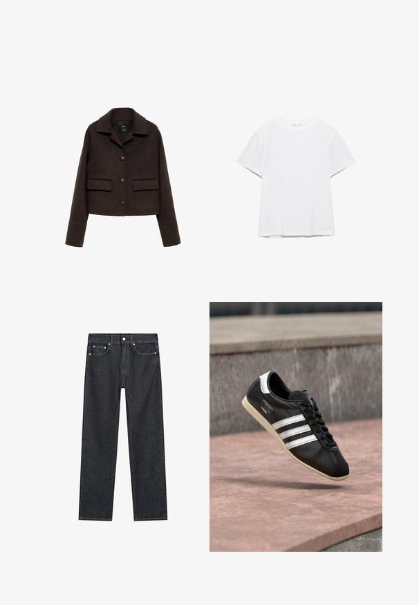 Brun uldblandet cropped jakke med krave, for-trykknaplukning og to påsyede lommer. Har lange ærmer med manchetter.; Hvid, kortærmet T-shirt med rund hals og lige kant, vist på en hvid baggrund.; Mørkeblå lige ben jeans med fem lommer, metalnitter og en knaplukning i taljen.; Sort lædersneaker med hvide striber og sål, snøret, svævende over en rosa betonoverflade med en grå stenvæg i baggrunden.