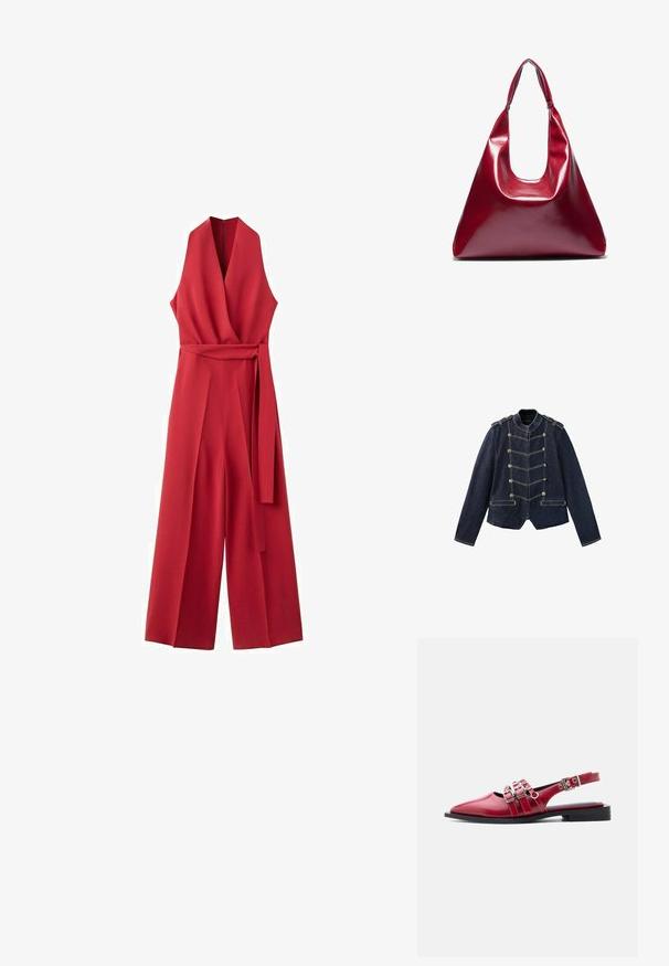 Veste en denim bleu foncé avec boutons de style militaire, épaulettes sur les épaules et surpiqûres jaunes contrastantes.; Combinaison rouge sans manches avec col en V, devant croisé, jambes larges, et ceinture assortie nouée à la taille.; Chaussure slingback plate rouge pointue avec trois brides à boucles argentées et talon noir bas sur fond blanc.; Sac à main en cuir laqué rouge de forme triangulaire, avec une large ouverture en haut et une seule anse courbée. Texture lisse avec des détails de couture minimaux.