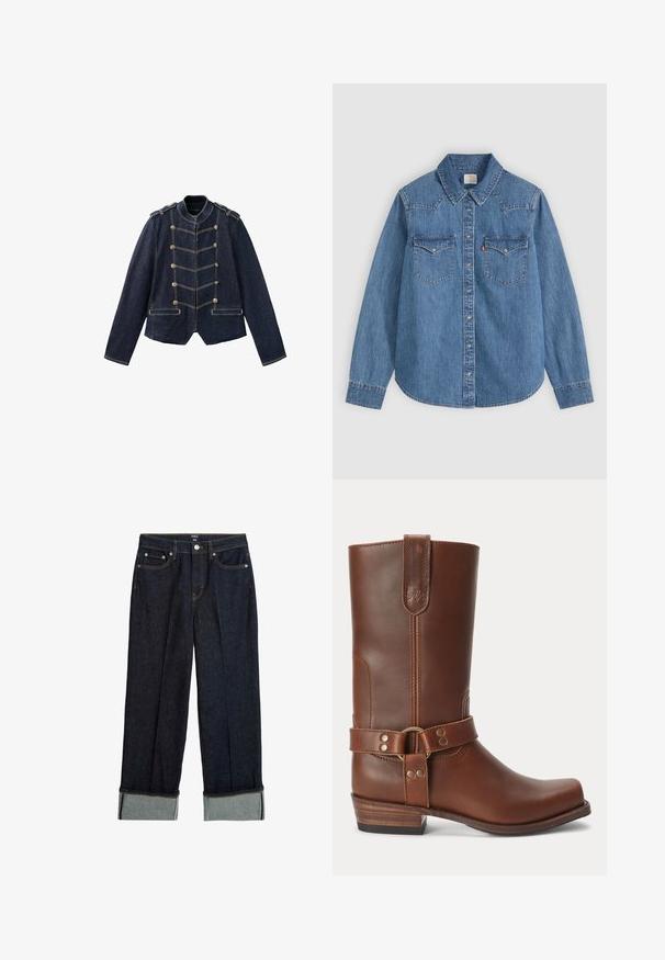 Donkerblauwe spijkerjas met militaire knopen, schouderstukken en contrasterende gele stiksels.; Blauw denim overhemd met lange mouwen, knopen, puntige kraag en twee borstzakken met klep op een lichte achtergrond.; Donkerblauwe wijde jeans met een opgerolde zoom, met oranje stiksels en een klassiek vijf-pocket ontwerp. Gemaakt van denimstof.; Bruine leren midkuitlaars met een lage houten hak, ronde neus en een decoratieve band met metalen studs rond de enkel.