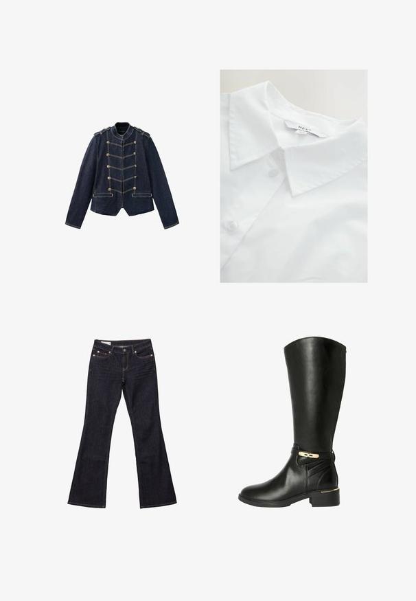 Mørkeblå denimjakke med militærstil knapper, skulderstropper og kontrasterende gule syninger.; Hvid skjorte med krave i en glat struktur, udstyret med en lukning med to knapper og en pænt færdiggjort krave. Mærkeetiket synlig.; Mørkeblå denim bukser med flared ben, fem lommer, kobbernitter og kontrastsyet. Glat tekstur med en lige, afslappet pasform.; Sorte knæhøje støvler i glat læder med en guld-tone accent og spænde. Har en blokhæl og detaljeret syning på siden.