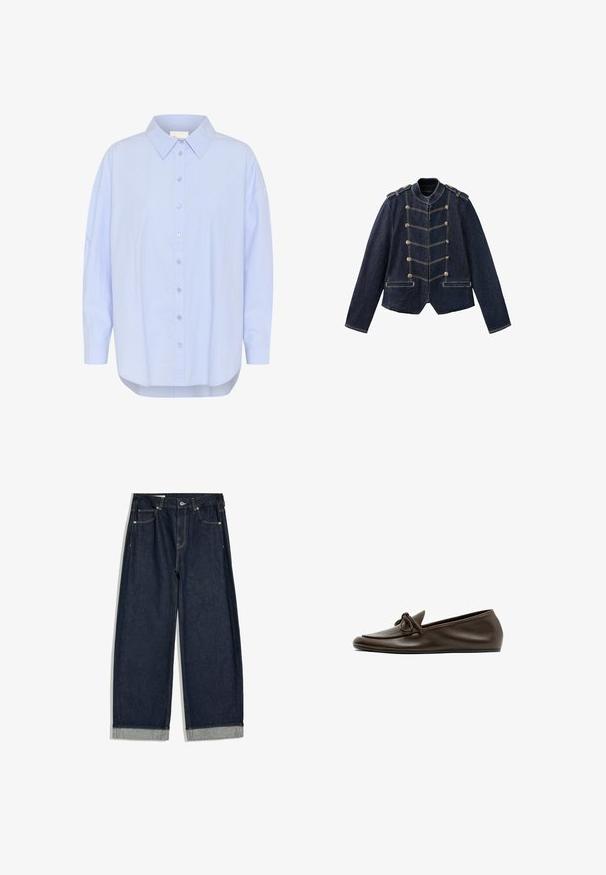 Mørkeblå denimjakke med militærstil knapper, skulderstropper og kontrasterende gule syninger.; Lys blå skjorte med knapkrave, lange ærmer og bølget kant. Glat tekstur med synlige knapdetaljer.; Mørkeblå jeans med vide ben og opsmøg, fem lommer og knaplukning i taljen, lagt fladt på hvid baggrund.; Mørkebrune læder flade loafers med en rundet tå og dekorativ sløjfe på overdelen, vist fra siden på hvid baggrund.