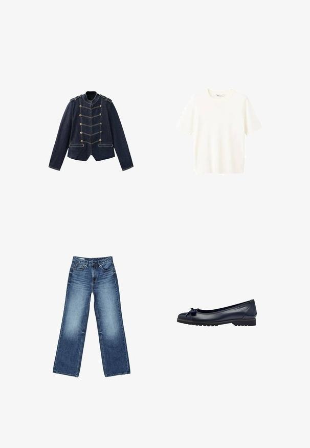 Donkerblauwe spijkerjas met militaire knopen, schouderstukken en contrasterende gele stiksels.; Korte mouwen, T-shirt met ronde hals in zachte, gebroken witte stof met een gladde textuur en een rechte zoom. Geen zichtbare patronen of versieringen.; Blauwe denimjeans met een hoge taille, knopen aan de voorkant en rits, voor- en achterzakken, en een licht verweerde wassing.; Navyblauwe leren balletschoenen met een klein strikdetail, ronde neus en een gestructureerde zool met een lage hak.
