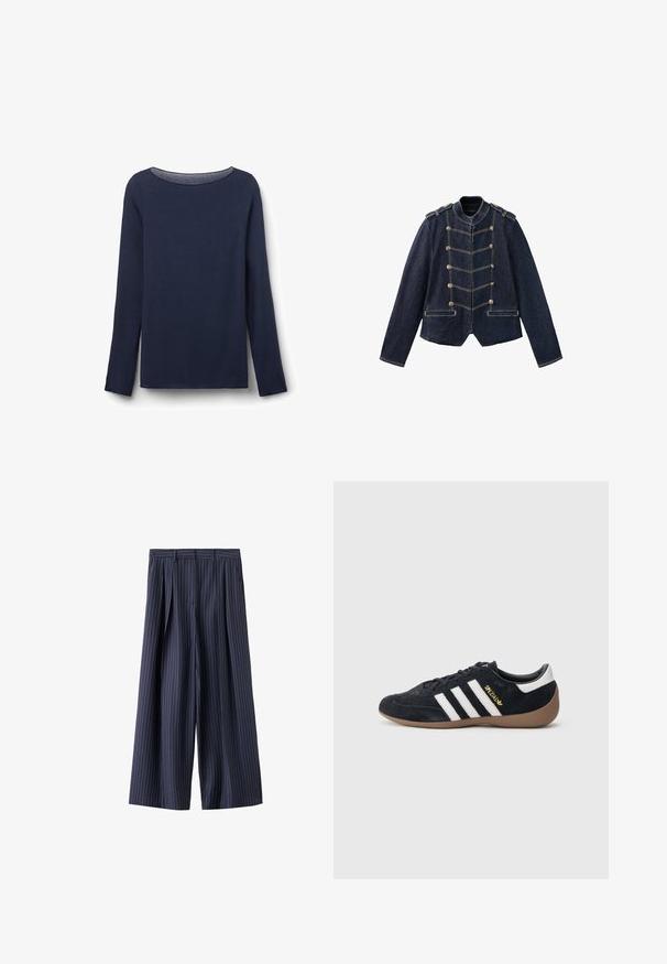 Chaqueta vaquera azul oscuro con botones estilo militar, hombreras y costuras amarillas en contraste.; Camiseta de manga larga de color azul marino hecha de una tela suave, con un cuello redondo y un corte relajado. El dobladillo y los bordes de las mangas están cuidadosamente terminados.; Pantalones azul marino de pierna ancha con finas rayas verticales blancas, pliegues en la parte delantera y trabillas para cinturón en la cintura.; Zapatilla de ante negra con tres rayas blancas, suela de goma y un pequeño logo dorado en el lateral. Cuenta con un forro interior negro liso.