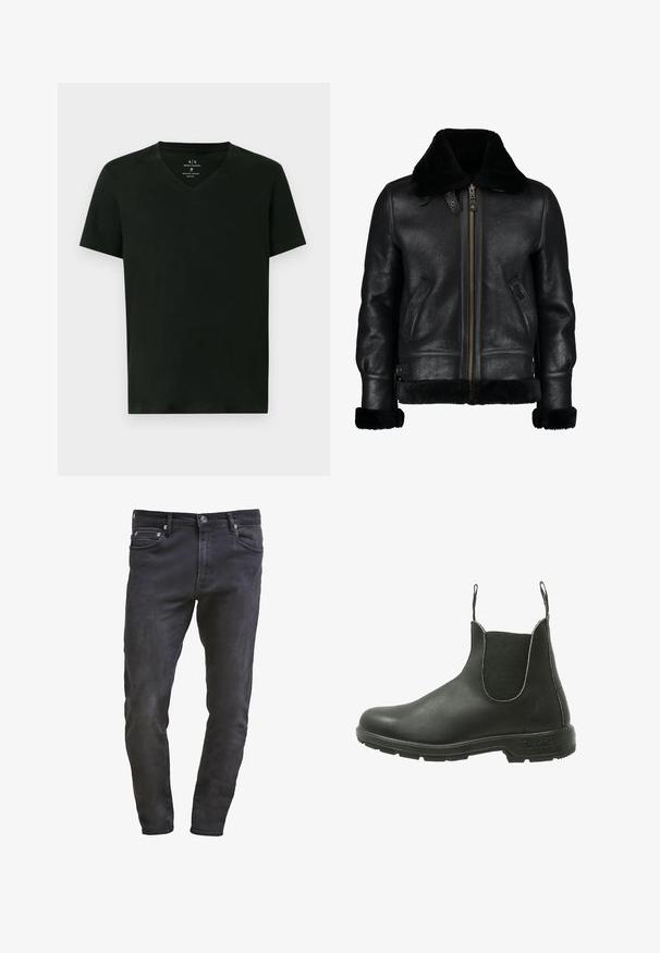 Schwarze Lederjacke mit einem weichen schwarzen Kunstfellkragen, Frontreißverschluss, Seitentaschen und einer leicht strukturierten Oberfläche. Mit fellgefütterten Manschetten.; Schwarzes Armani Exchange Herren Baumwoll-T-Shirt mit kurzen Ärmeln und V-Ausschnitt, Größe M, flach auf weißem Hintergrund präsentiert.; Schlanke schwarze Denim-Jeans im Slim-Fit mit fünf Taschen, Reißverschluss und subtilen Waschungen. Glatte Textur mit einem dunklen Waschfinish.; Schwarze Leder Chelsea-Boots mit elastischen seitlichen Einsätzen, runder Zehenpartie und strukturiertem Gummisohle, die für ein einfaches An- und Ausziehen konzipiert sind.