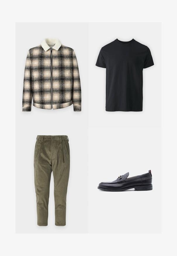 Rutet jakke med et sort, beige og creme farveskema, der har en lynlås foran og en blød, hvid falsk pelskrave.; Sort bomulds t-shirt med kortærmer, rund halsudskæring og en afslappet pasform. Glat tekstur og lige kant, ingen synlige grafikker eller mønstre.; Olivengrønne fløjlsbukser med afslappet pasform, der har folder, elastisk talje og tapered ben. Struktureret stof med lodrette ribber.; Sort lædermokasin med grå tekstureret forfod, sølvfarvet metalspænde, lav hæl og trækflap bagpå.