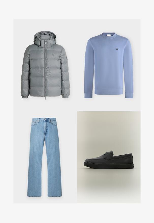 Doudoune grise avec capuche, fermeture éclair intégrale à l'avant, poches latérales, poignets élastiques et petit logo sur la poitrine et la manche.; Sweat-shirt bleu clair à manches longues avec col rond et petit logo noir "cK" sur le côté gauche de la poitrine.; Jean en denim bleu clair coupe droite à cinq poches avec fermeture à boutons à la taille, présenté sur un fond uni.; Mocassin décontracté en cuir noir avec des détails de laçage et une semelle en caoutchouc épaisse, présenté de profil sur un fond neutre.