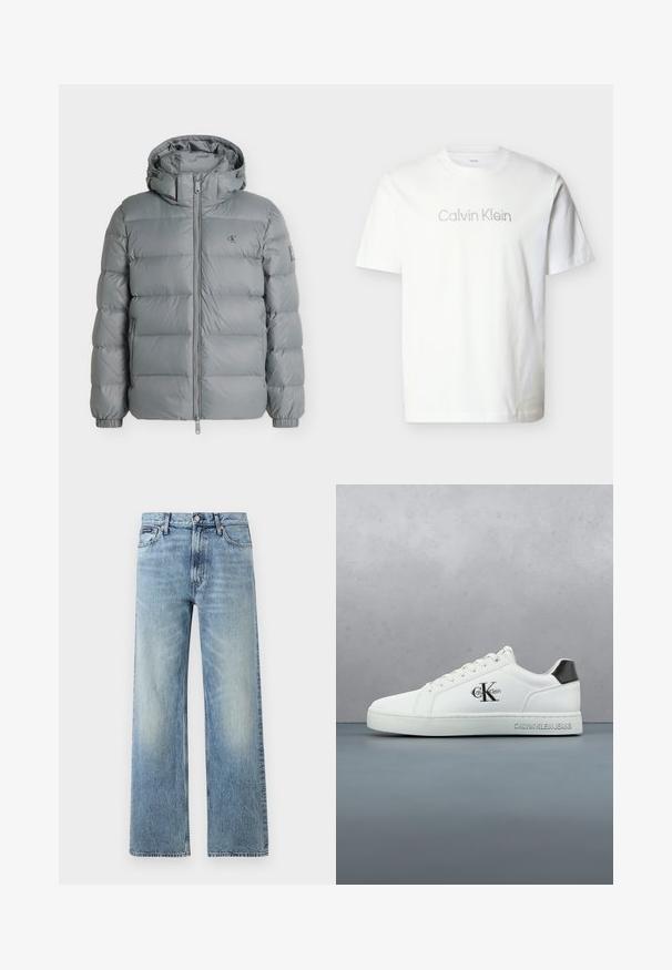 Doudoune grise avec capuche, fermeture éclair intégrale à l'avant, poches latérales, poignets élastiques et petit logo sur la poitrine et la manche.; T-shirt blanc à manches courtes en coton, avec un logo "Calvin Klein" gris sur la poitrine en police minimaliste.; Jean droit en denim bleu clair avec taille haute, cinq poches, fermeture à boutons et léger délavage sur les cuisses et les genoux.; Baskets en cuir blanc à finition lisse, design à lacets, bout arrondi et accent talon noir contrastant. Semelle en caoutchouc offrant une bonne adhérence.