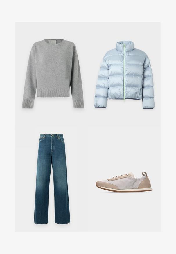 Lichtblauwe donjas met horizontale stiksels, hoge kraag, lange mouwen en een voorsluiting met rits in een contrasterende lichtere kleur.; CLOSED CREW NECK WIDE SLEEVE - Trui - light grey; Blauwe denim wijde jeans met hoge taille, knoop- en ritssluiting aan de voorkant en voorzakken tegen een effen achtergrond.; Lichtbeige sneaker met witte veters, suède accenten aan neus en hiel, zachte stoffen zijkanten en een dunne lichtbruine rubberen zool, zijaanzicht.