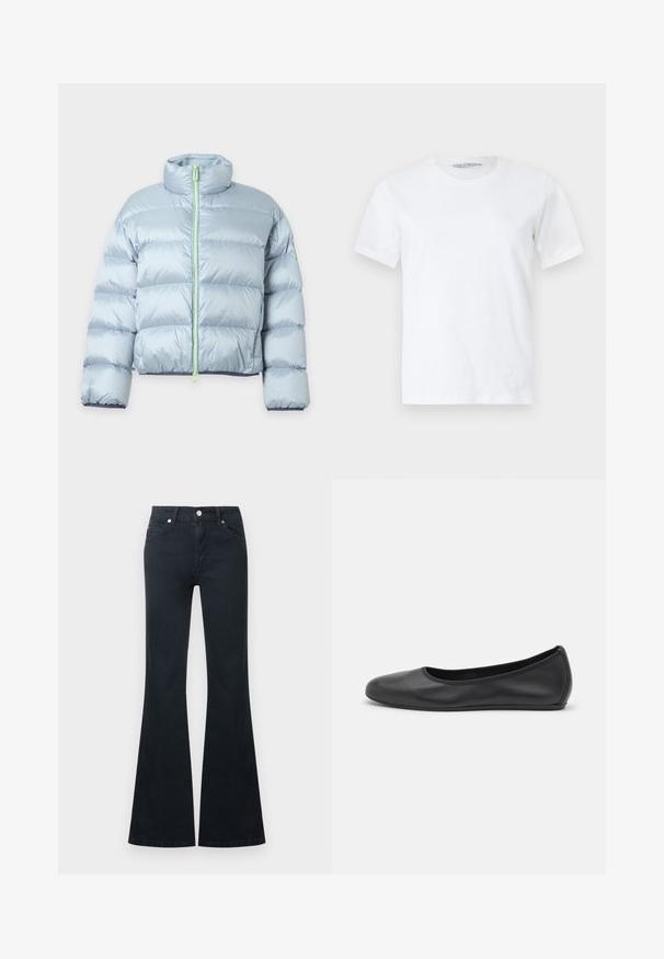 Doudoune bleu clair avec matelassage horizontal, col montant, manches longues et fermeture éclair frontale dans une couleur plus claire en contraste.; T-shirt blanc uni à manches courtes et col rond, posé à plat sur un fond clair, vue de face avec une petite étiquette de marque visible à l'intérieur du col.; Jean en denim noir évasé avec une taille haute, cinq poches et une fermeture à bouton métallique. Texture lisse et détails de couture contrastés.; Ballerines en cuir noir avec un bout rond, texture lisse, détails de couture minimalistes et design de semelle flexible.