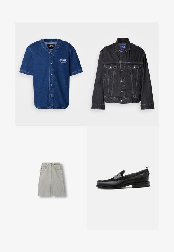 Zwarte denimjack met een puntige kraag, sluiting met knopen aan de voorkant, twee borstzakken en contrasterende stiksels.; Korte mouw, button-up shirt gemaakt van donkerblauwe denim met een klassieke kraag en een wit geborduurd logo op de linkerkant van de borst.; Lichtgrijze denim knielange shorts met voorzakken, riemlussen en een knoopsluiting, plat neergelegd op een witte achtergrond.; Zwarte leren loafer met grijs riemdetailelement, lage hak en gestructureerde zool, aan de zijkant gebrandmerkt met "HUGO" in goud.