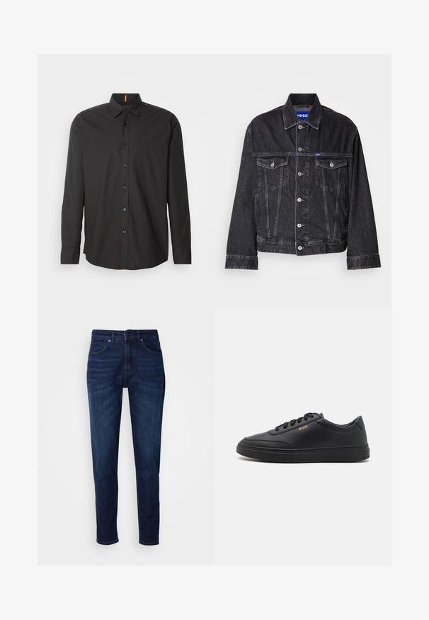 Veste en denim noir avec col pointu, fermeture à boutons sur le devant, deux poches poitrine et coutures contrastantes.; Chemise noire à manches longues en tissu léger. Elle dispose d'un col boutonné, de boutons à l'avant et d'un logo brodé sur la poitrine.; Jean en denim bleu foncé avec une coupe droite, comportant des poches et une fermeture à bouton à la taille. Texture douce, détails de décoloration minimes.; Baskets en cuir noir avec une texture lisse, bout rond, semelle en caoutchouc plate et lacets ton sur ton. Présente une marque "BOSS" dorée sur le côté.