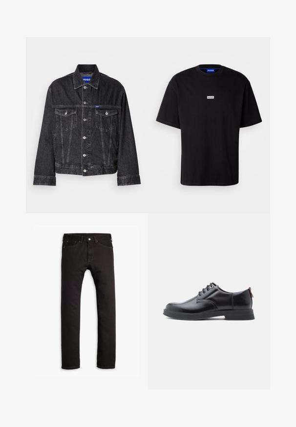 Zwarte denimjack met een puntige kraag, sluiting met knopen aan de voorkant, twee borstzakken en contrasterende stiksels.; Zwarte katoenen t-shirt met een ronde hals, korte mouwen en een witte rechthoekige "HUGO" logo op de borst. Gladde textuur, relaxte pasvorm.; Zwarte slim-fit jeans met vijf zakken en knoopsluiting, plat weergegeven op een witte achtergrond.; Zwarte leren veter schoenen met een gladde textuur, ronde neus en subtiel stiksel detail. Voorzien van een rode trekband op de hiel.