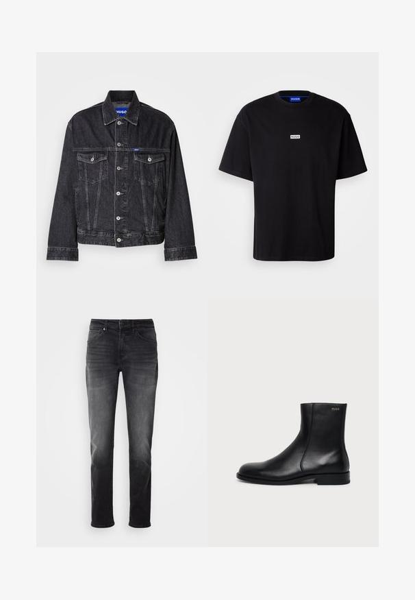 Veste en denim noir avec col pointu, fermeture à boutons sur le devant, deux poches poitrine et coutures contrastantes.; T-shirt en coton noir avec un col rond, des manches courtes et un logo rectangulaire "HUGO" blanc sur la poitrine. Texture lisse, coupe décontractée.; Jeans en denim noir avec une coupe droite. Comprend une fermeture à bouton et à zip, cinq poches et un léger délavage sur le tissu.; Bottine en cuir noir à talon bas, couture latérale et petit logo "HUGO" sur le revers supérieur sur un fond uni.