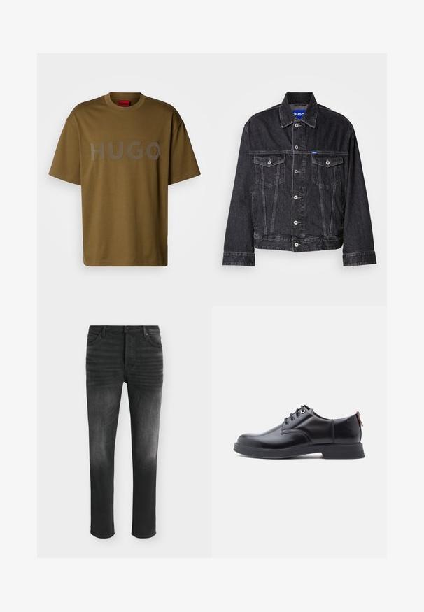 Schwarze Jeansjacke mit spitzem Kragen, vorderem Knopfverschluss, zwei Brusttaschen und kontrastierenden Nähten.; Olivgrünes Baumwoll-T-Shirt mit Rundhalsausschnitt und kurzen Ärmeln, das auf der Vorderseite mit einem großen grauen "HUGO"-Logo bedruckt ist.; Schwarze Skinny-Jeans mit ausgebleichten Details, Fünf-Taschen-Stil und Knopfverschluss in der Taille.; Schwarze Leder-Schnürschuhe mit glatter Textur, rundem Zehenbereich und dezenten Ziernähten. Mit einem roten Laschenband an der Ferse.