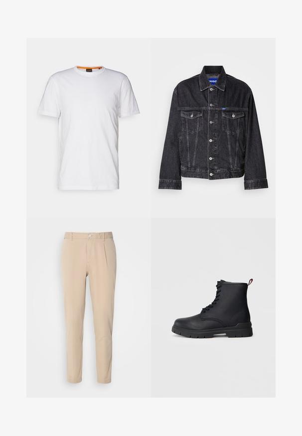 Sort denimjakke med spids krave, frontknaplukning, to brystlommer og kontrasterende syninger.; Hvid bomulds T-shirt med rund hals, korte ærmer og et subtilt præget logo på brystet. Indvendigt mærke har en orange detalje.; Beige bukser med en slim fit, lavet af vævet materiale. Har en enkelt knaplukning, plisseret front og lige ben.; Sort læder ankelstøvle med snørebånd foran, tykk gummisål og rød løftestrop ved hælen, vist mod en ensfarvet lys baggrund.